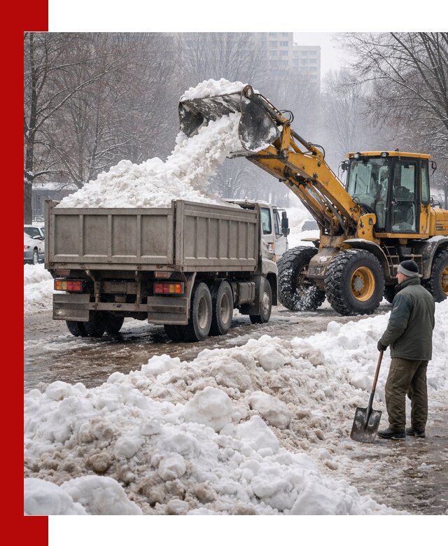 Вывоз снега грузовой техникой в Искитиме оперативно и чисто